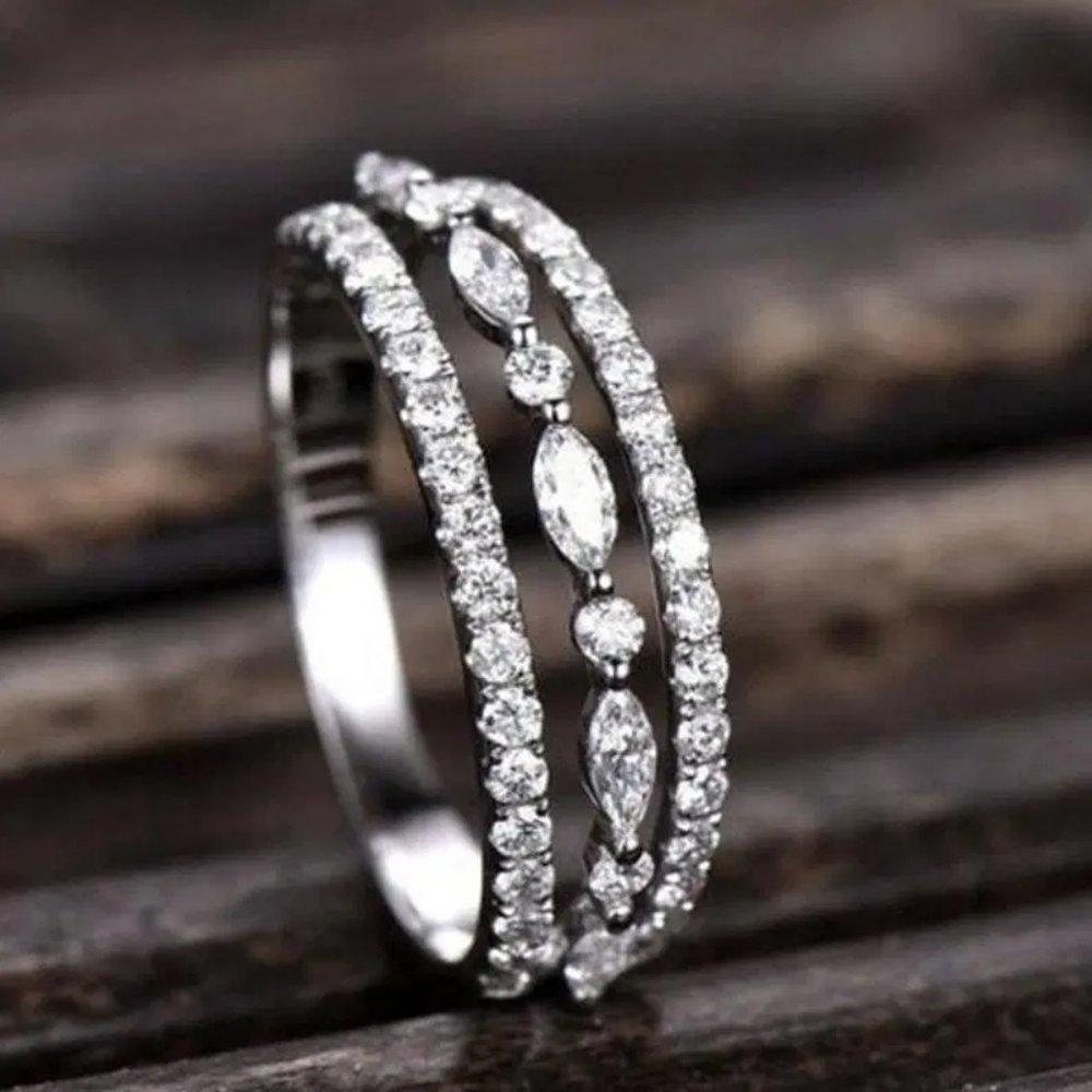 💎Eternity 925 Silver Plated CZ Three  Stackable Dainty RingforUNVN12319